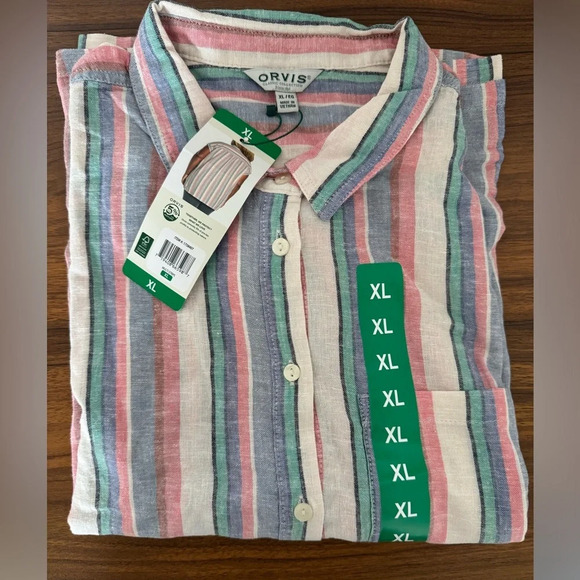 Orvis Women’s Linen Blend Striped Short Sleeve Shirt Size XL - Picture 1 of 8